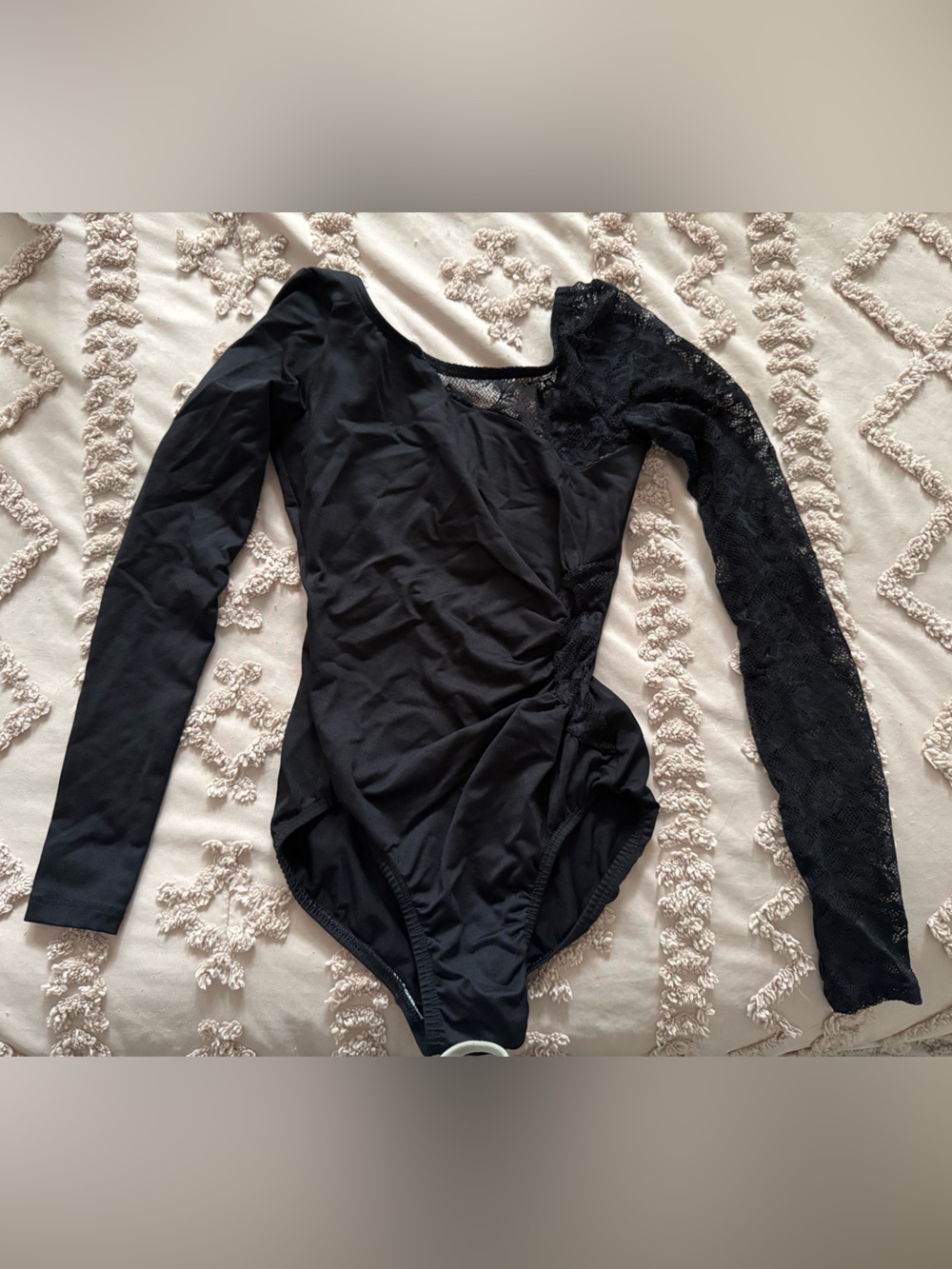 Natalie Dance Wear, S, Black, Long Sleeve, Leotard w/ one lace sleeve + cutout